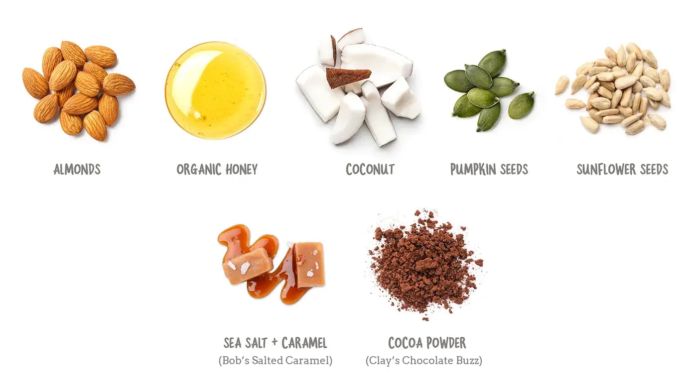Almonds, Organic Honey, Coconut, Pumpkin Seeds, Sunflower Seeds, Salted Caramel, Cocoa Powder