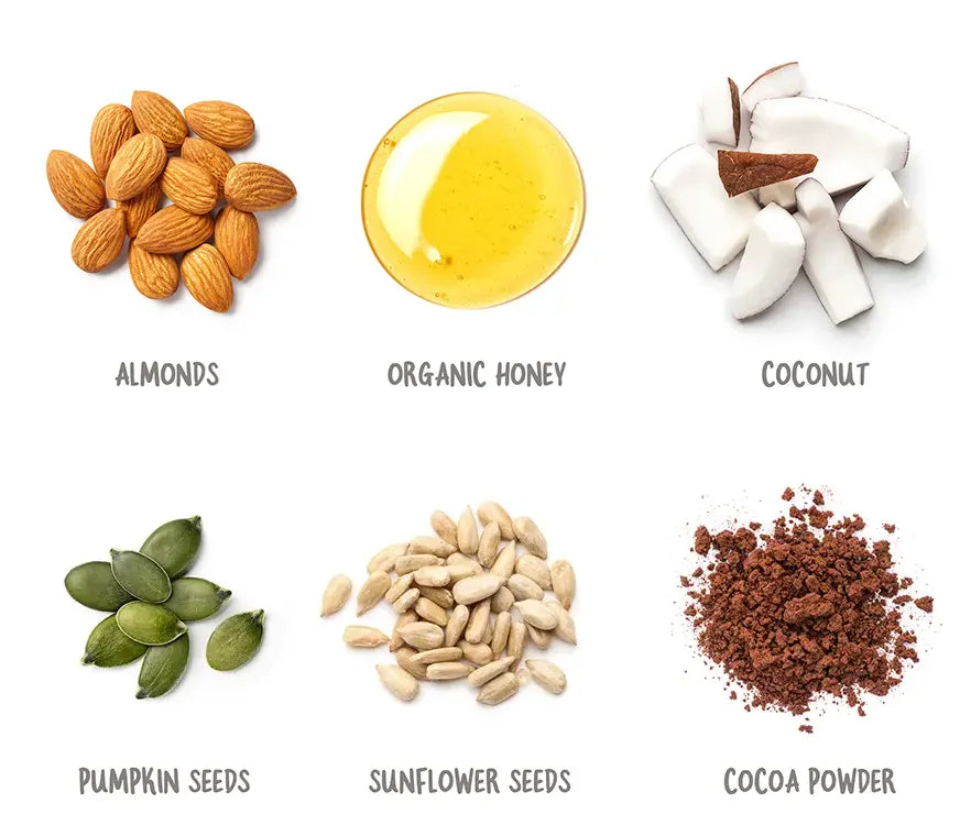 Almonds, Organic Honey, Coconut, Pumpkin Seeds, Sunflower Seeds, Cocoa Powder