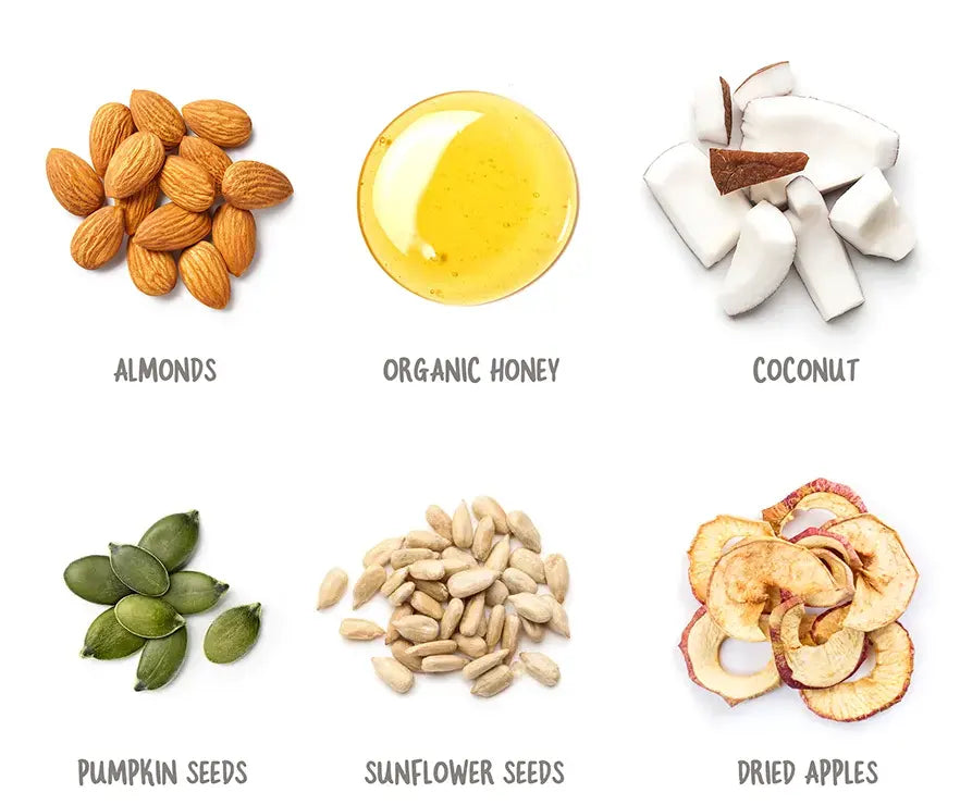 Almonds, Organic Honey, Coconut, Pumpkin Seeds, Sunflower Seeds, Dried Apples