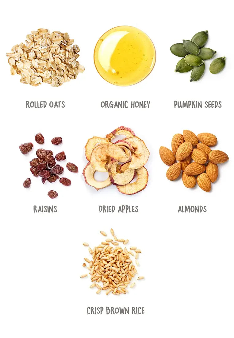 Almonds, Organic Honey, Rolled Oats, Pumpkin Seeds, Raisins, Dried Apples, Crisp Brown Rice